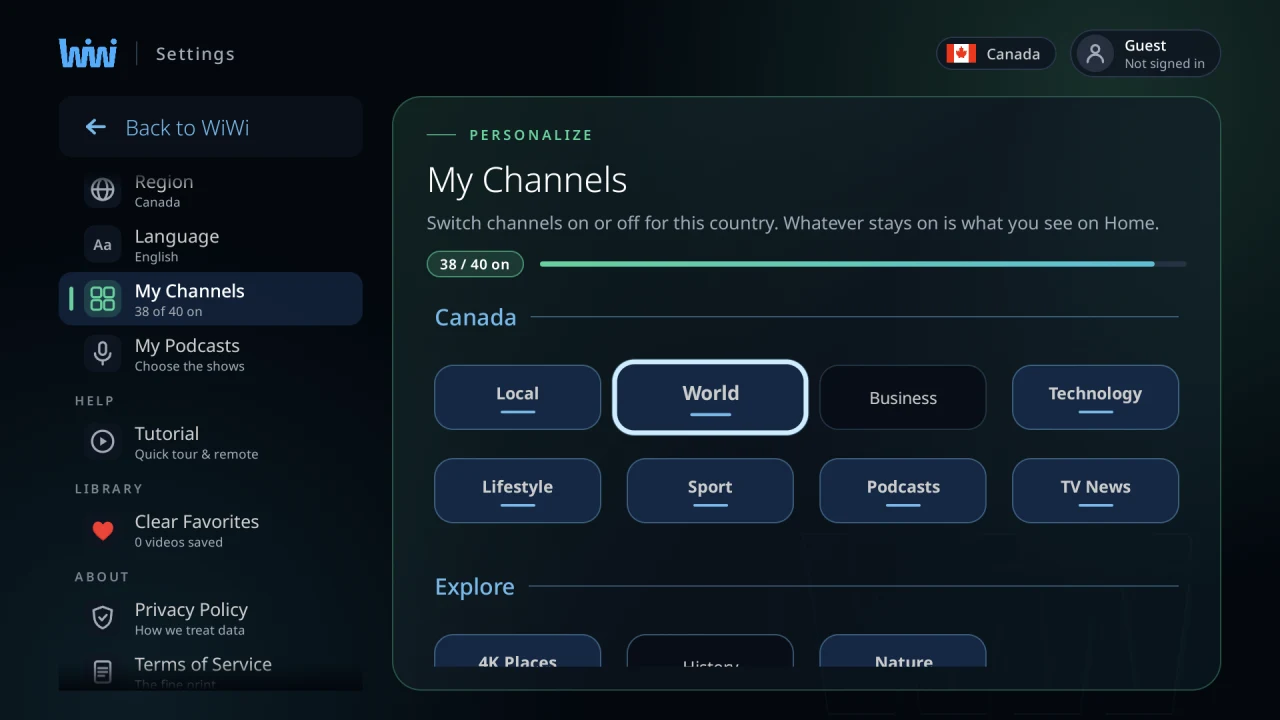 The My Channels screen, with channels being switched on and off
