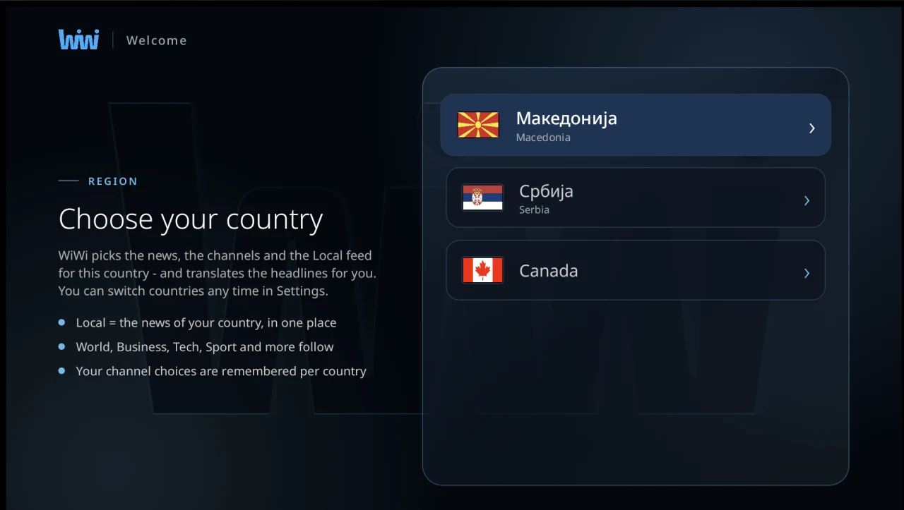 WiWi on Android TV, showing the country picker with Macedonia, Serbia and Canada